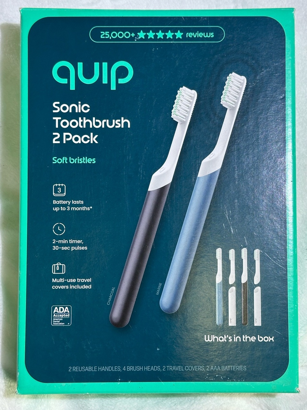 quip Sonic Electric Toothbrush 2 Pack Set Charcoal & Marine Blue Soft Bristles